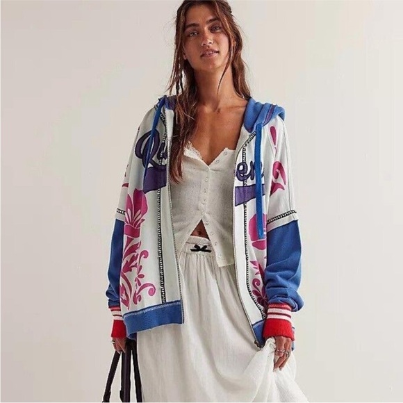 NWT We The Free Royals Hoodie Jacket S Ivory Combo Embroidered Oversized - Picture 6 of 13